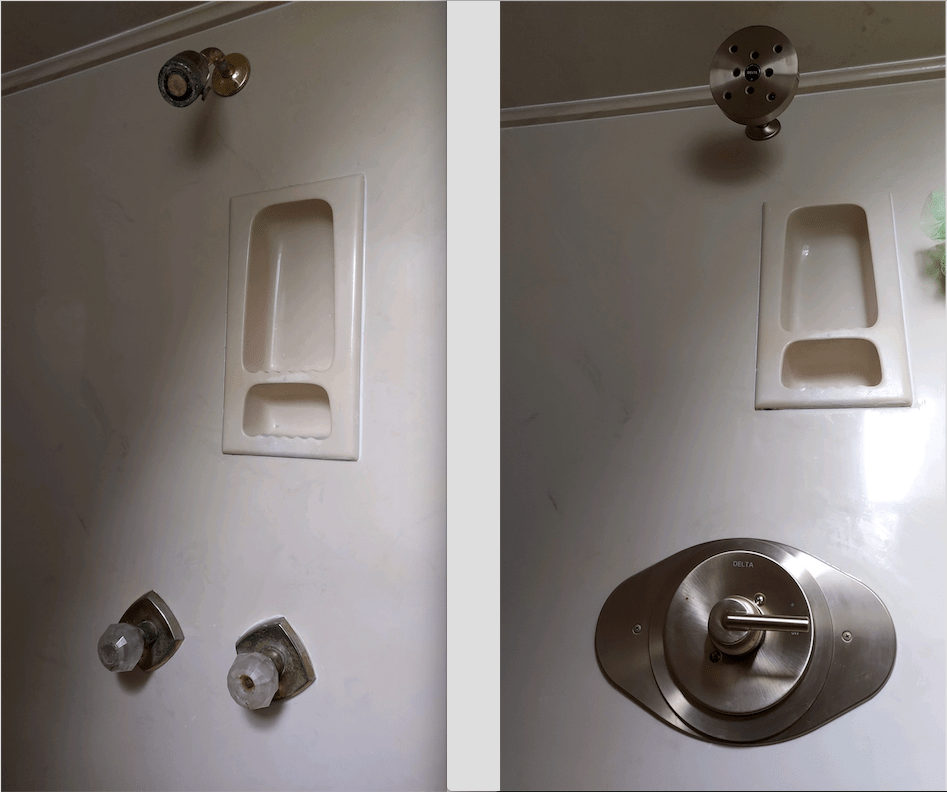 Shower wall featuring a contrasting old and new faucet setup. Left side shows vintage fixtures, while the right showcases a modern Delta valve.